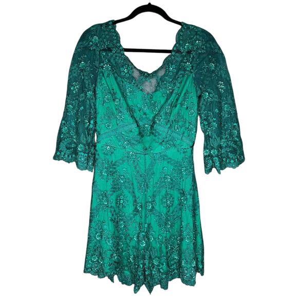 FREE PEOPLE Green Lace Embroidered Beaded Shorts Romper Women's Size 4 FLAWED - Picture 3 of 14